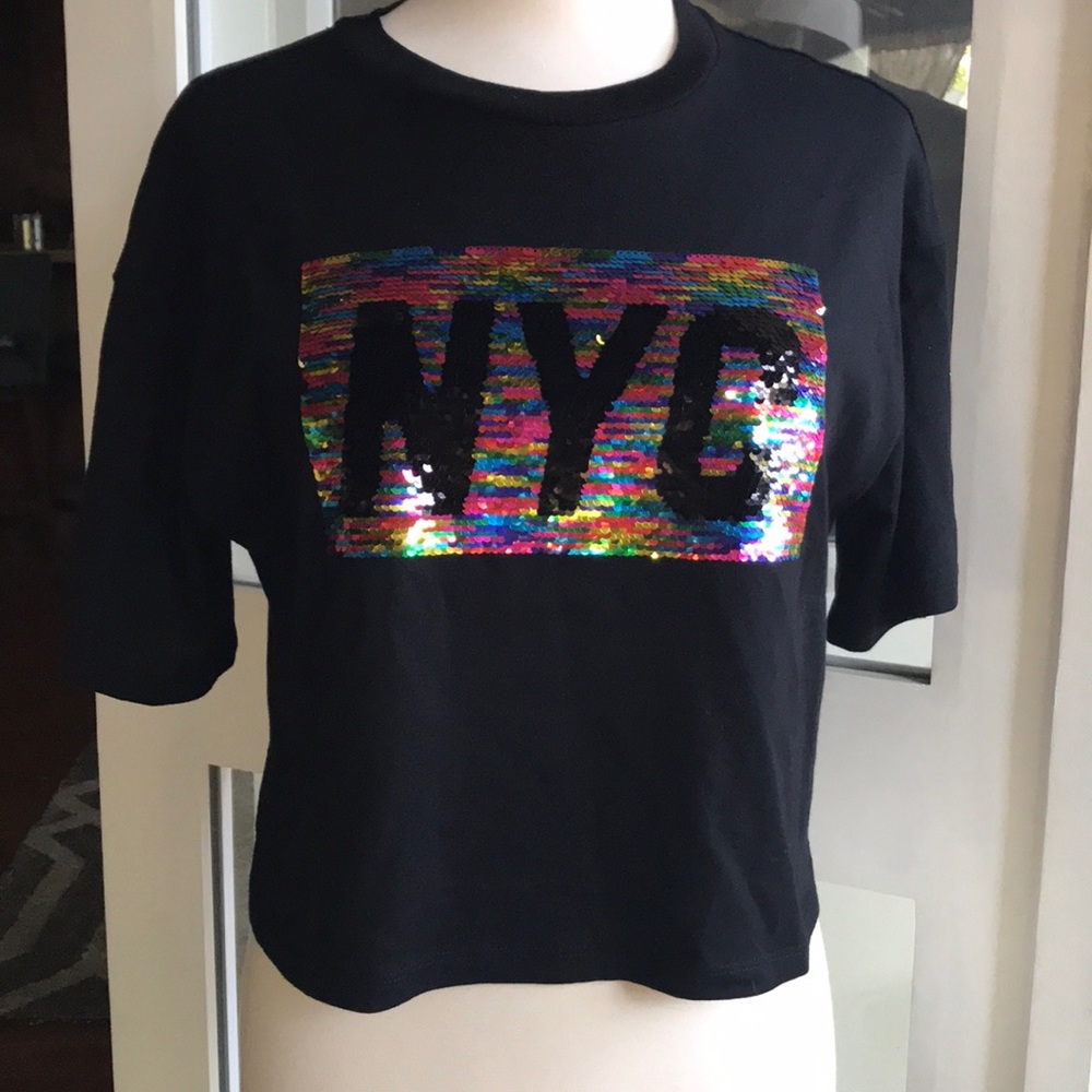 NYC Mermaid Crop  T shirt Rainbow Gold NWT